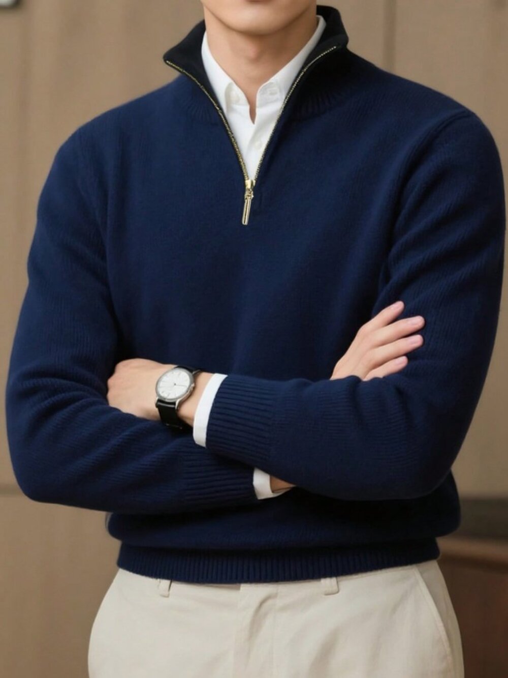 Navy Blue Casual Men's Stand Collar Zip-Up Sweater